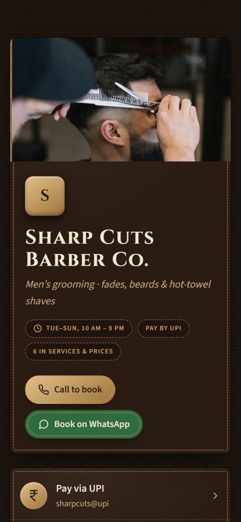 Sharp Cuts Barber Co. digital visiting card, Gentry design